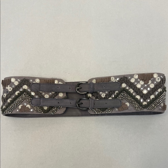 FREE PEOPLE BOHO LEATHER FULL OF DREAMS GRAY WAIST BELT - Picture 2 of 16